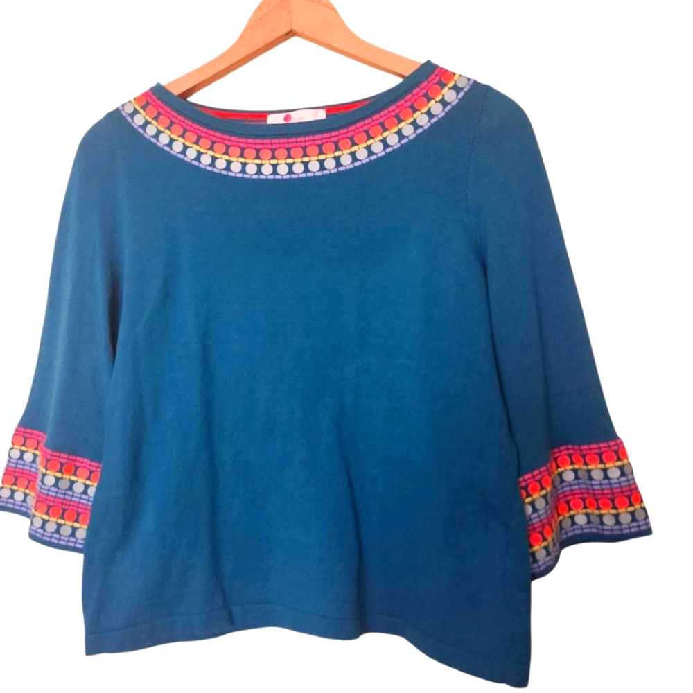 Boden Monmouth Embroidered Jumper Boat Neck 3/4 Sleeve Sweater Teal‎ Size Small